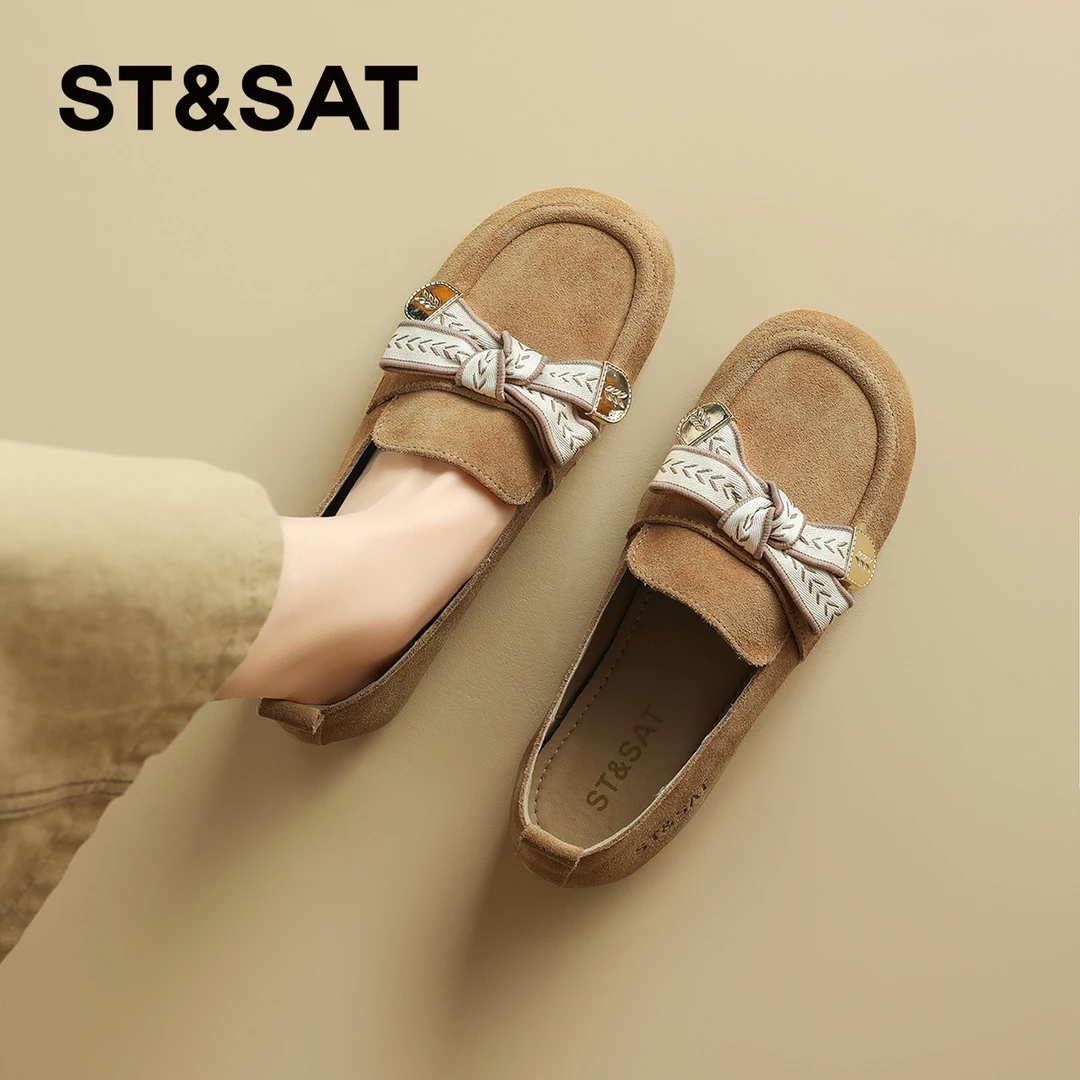 星期六真皮保暖勃肯鞋女秋冬季2025新款一脚蹬棉鞋平底加绒乐福鞋