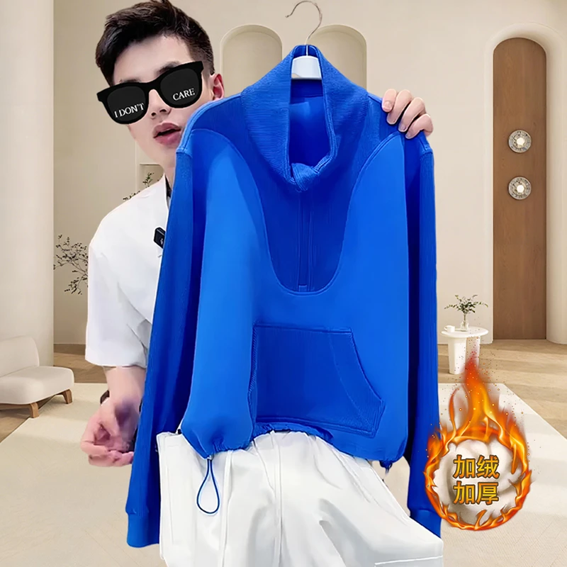 美式撞色拼接口袋长袖立领卫衣女秋季新款时髦休闲宽松洋气外套女