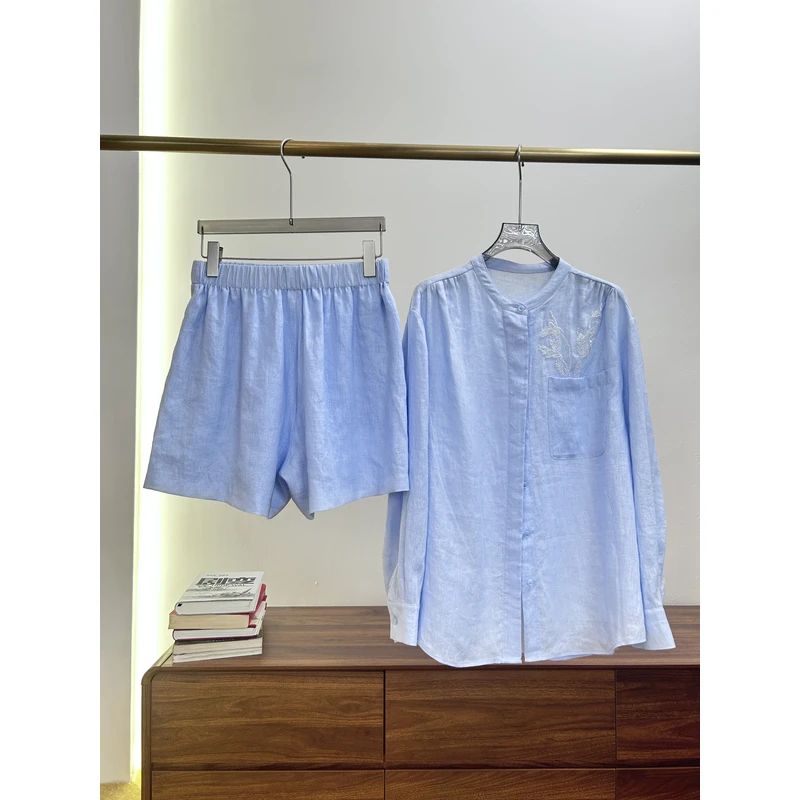 【蓝晒】夏日新款纯蓝色衬衫短裤珠片绣设计宽松休闲时尚