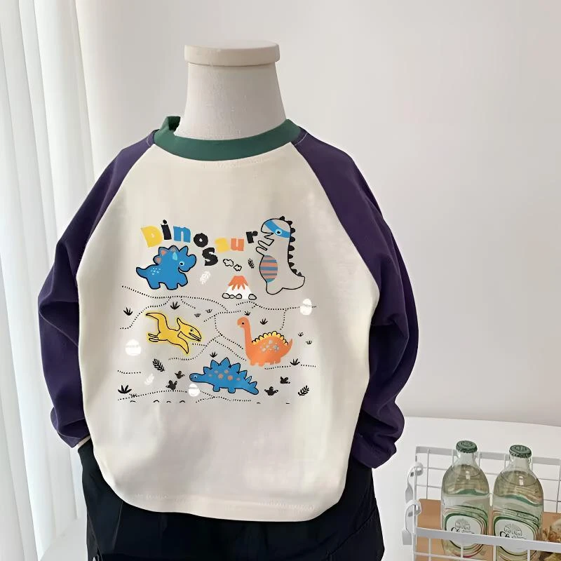 儿童纯棉长袖T恤秋款中小男童百搭卡通恐龙拼色插肩袖打底衫上衣t