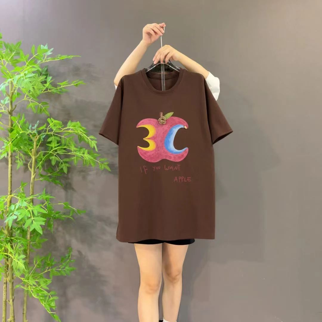 2876欧货新款重工个性苹果印花时尚休闲圆领短袖T恤设计感大码