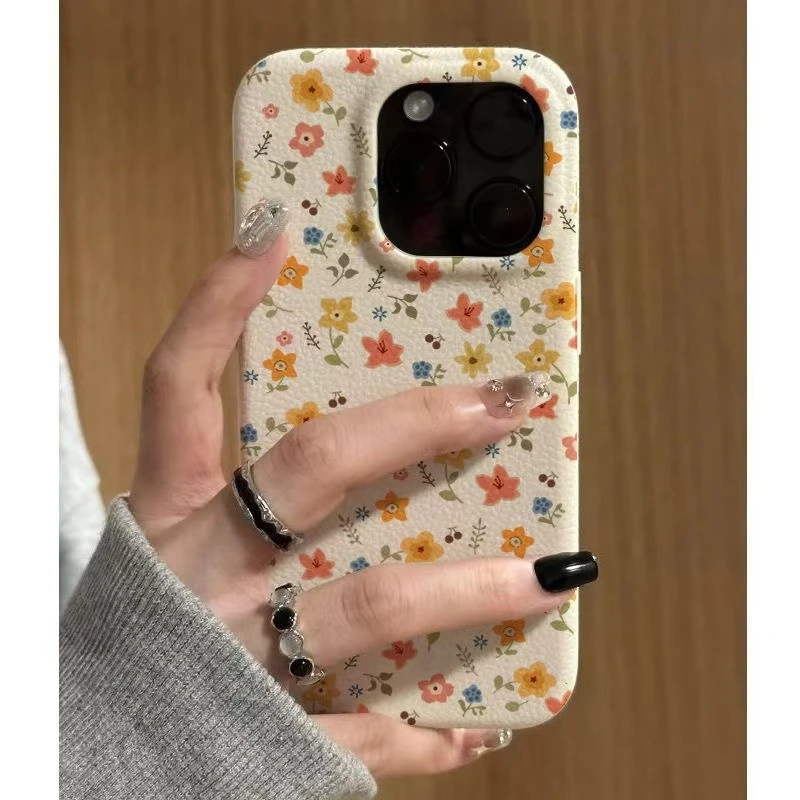 满屏彩色花朵适用苹果16pro仿皮纹15promax软胶13pro14pro新款
