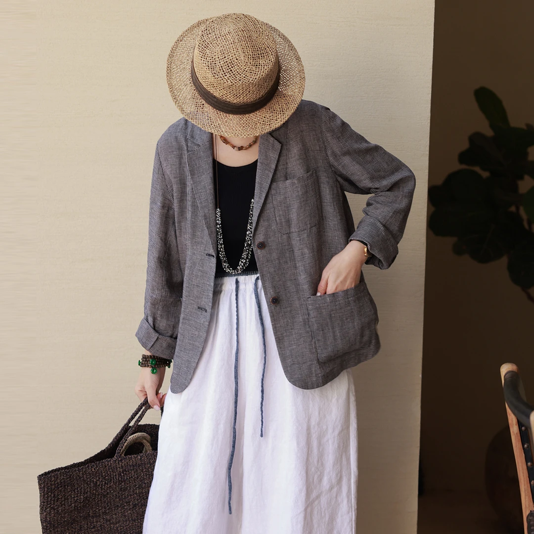麻霖原创设计春新品100%亚麻双色色织千鸟格休闲文艺复古西装外套