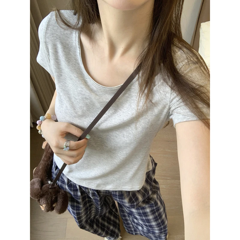 小沈美眉 凉凉奶皮 纯色圆领正肩短袖T恤夏季薄款百搭上衣女