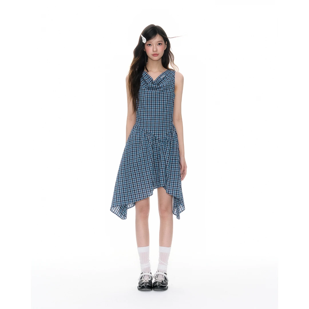 CyNi 设计感收腰显瘦荡领格纹背心裙一字肩收腰不规则裙摆连衣裙