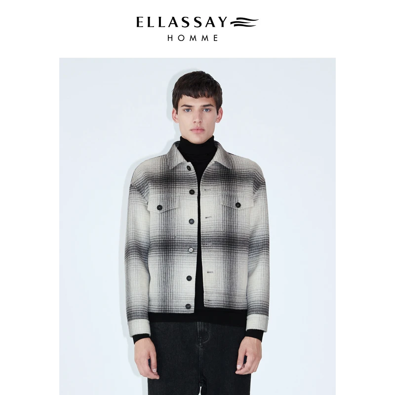 ELLASSAY歌力思男装秋冬渐变格子翻领短夹克型外套EME334T02300