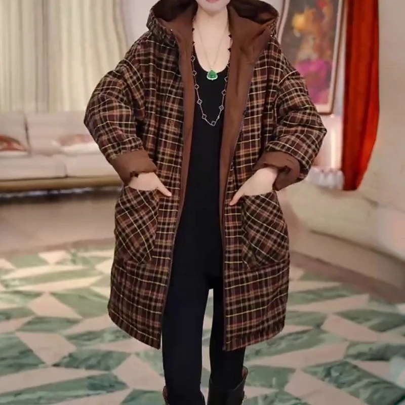 复古气质休闲双面穿连帽棉服外套2025秋冬新款宽松显瘦中长款棉衣