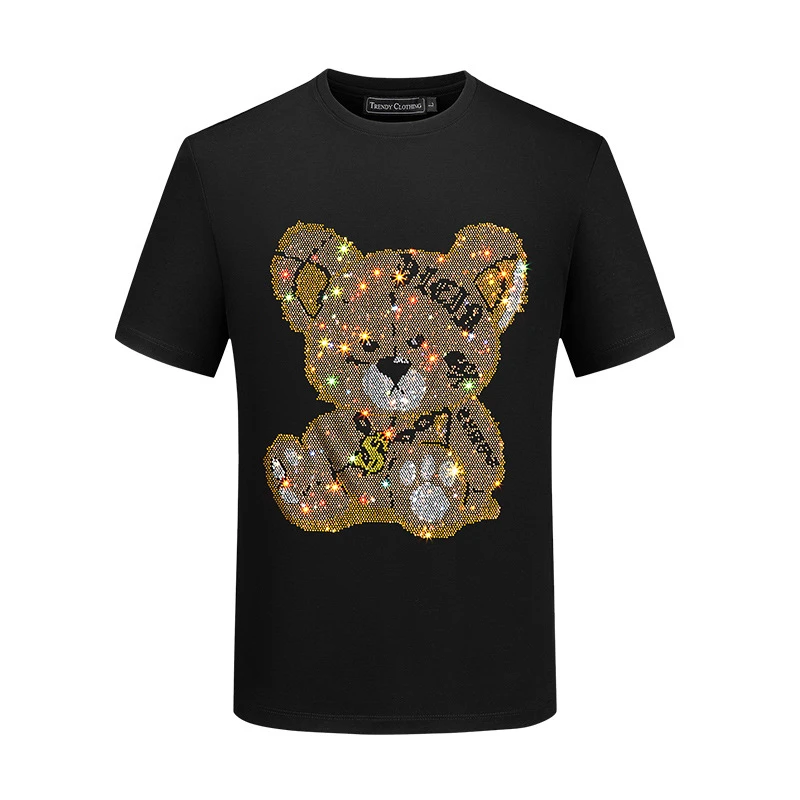 短袖男士t恤潮牌夏季休闲恤上衣服修身丝光棉半袖重工烫钻小熊T恤