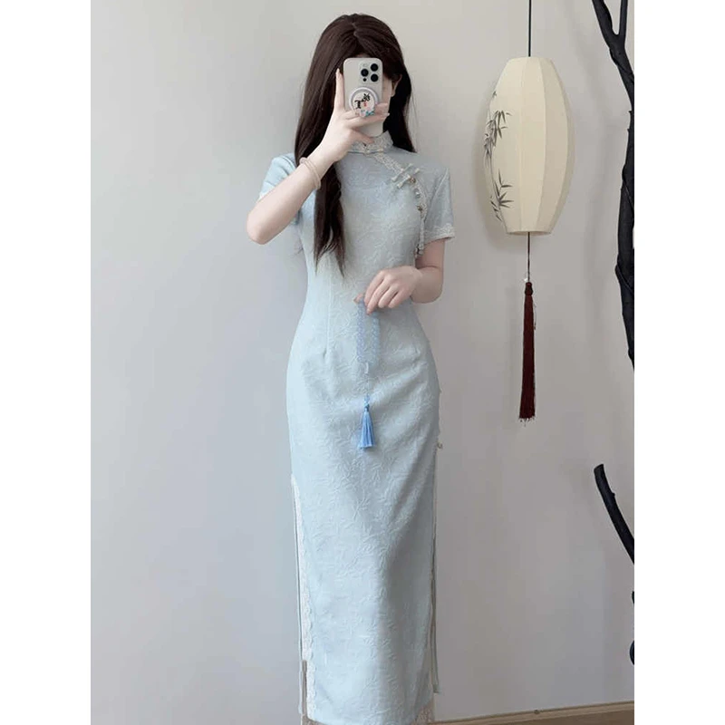 《9791》蓝色旗袍夏季新款新中式改良高级感修身连衣裙日常