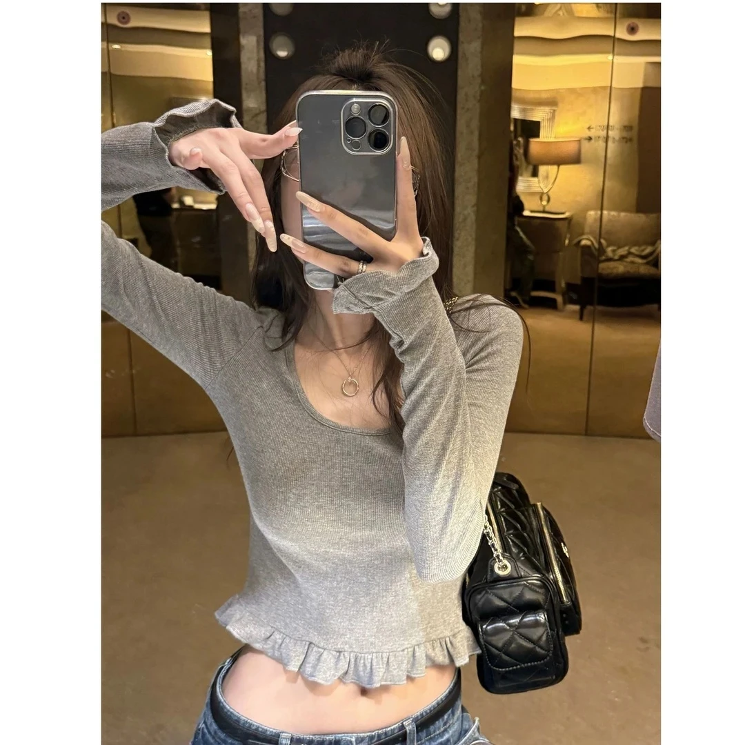 KAIDIQI/凯迪琦【全额运补】短款弹力螺纹竹节棉大圆领木耳花边长袖