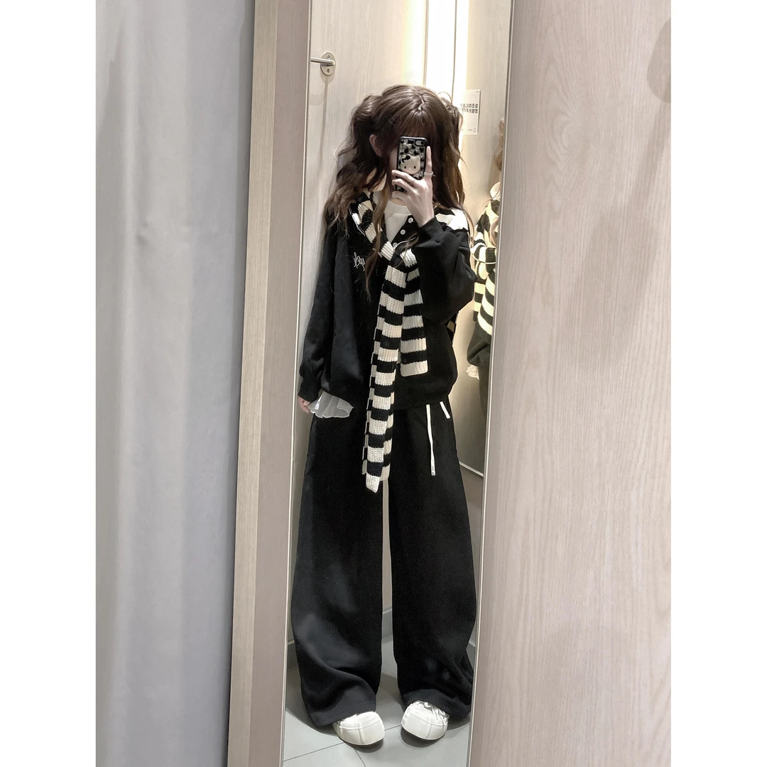 慵懒简约假两件卫衣女2025新款秋季披肩长裤三件套家居服外穿战袍