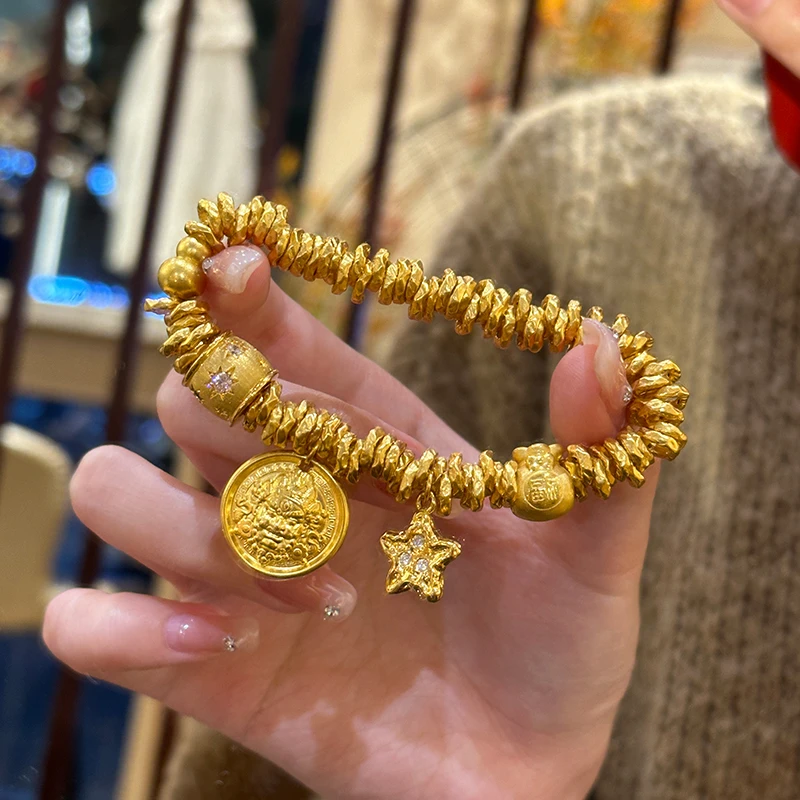 瑞诺黄金黄财神盘缠手链新款999足金发财筒福袋手串生日礼物