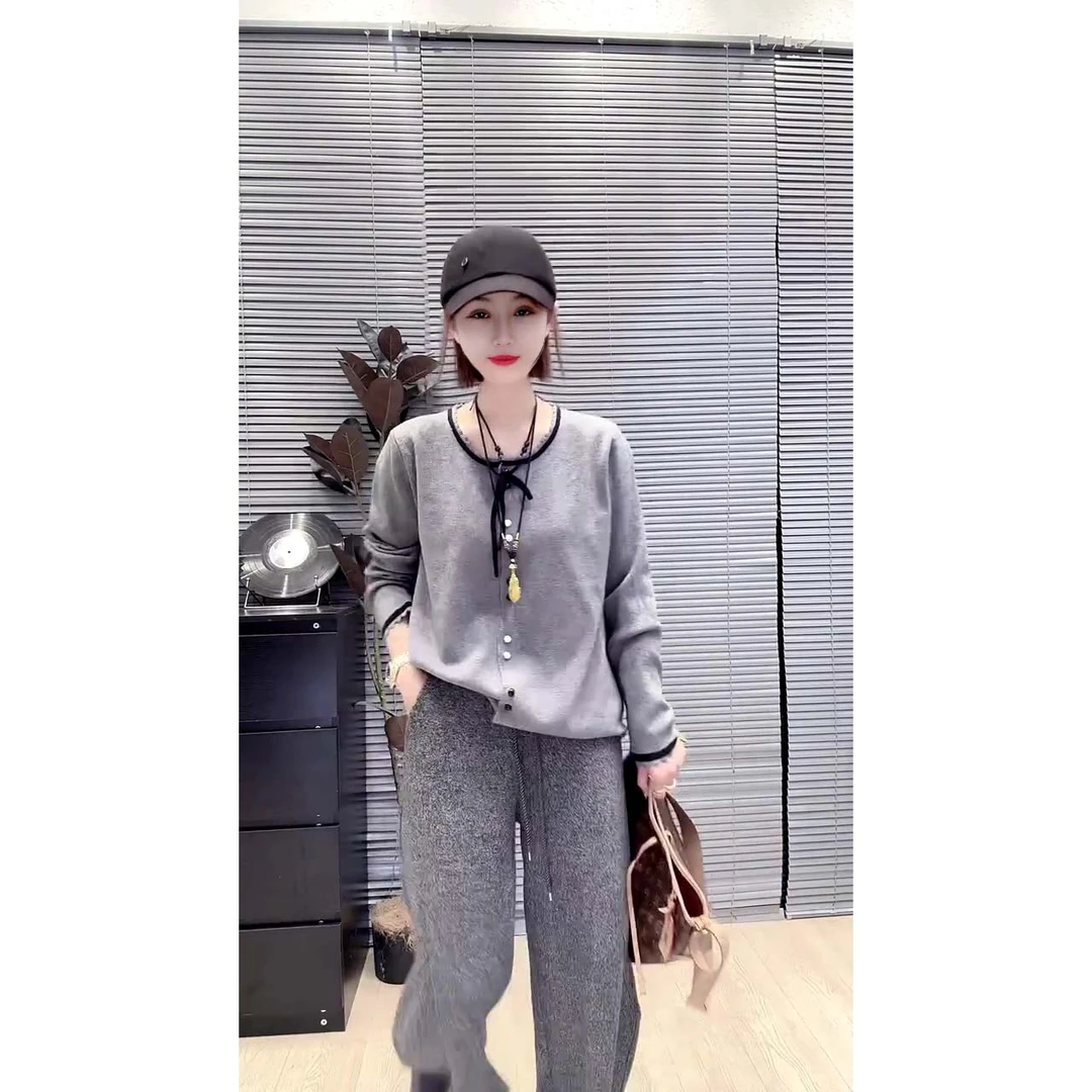 小香风蝴蝶结花边针织开衫秋款时尚洋气双纽扣长袖上衣