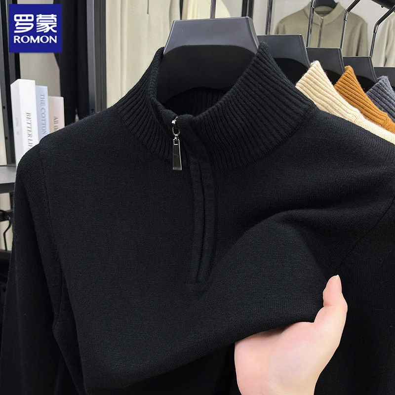 罗蒙男士秋冬新款半高拉链针织衫纯色加厚毛衣时尚休闲百搭打底衫