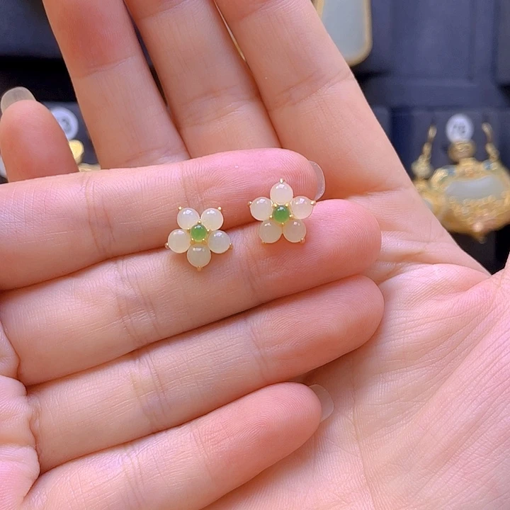 银S925镀金镶嵌和田玉耳饰