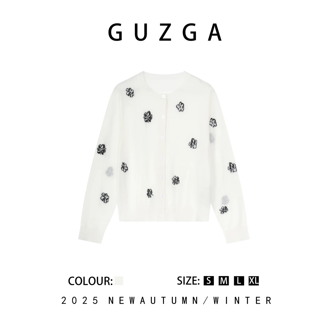 GUZGA【娇而不傲】2025秋季上新镂空条纹针织开衫时尚百搭舒适