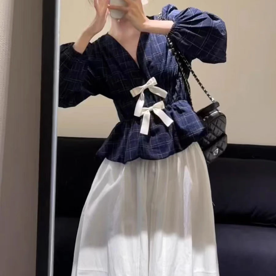 入秋一整套女装法式温柔风蝴蝶结格纹衬衫上衣花苞半身裙减龄套装