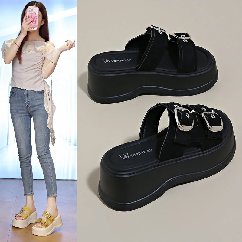 33码起7CM厚底凉拖鞋女外穿ins松糕增高皮带扣沙滩休闲一字拖新款