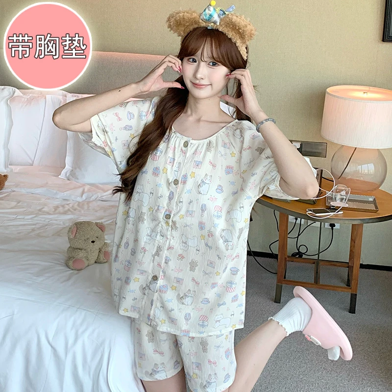 带胸垫睡衣女大码220斤胖mm宽松夏季甜美薄款透气加宽加大家居服