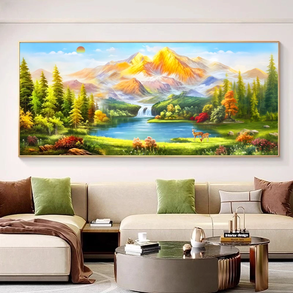 东墙背靠金山挂画装饰画横版框画沙发客厅聚宝盆日照金山风景挂画