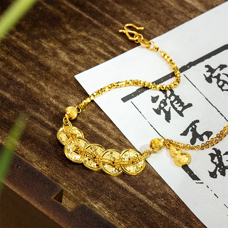 足金999五帝钱币葫芦蹦迪珠手链黄金手链女福禄金手串送女友礼物