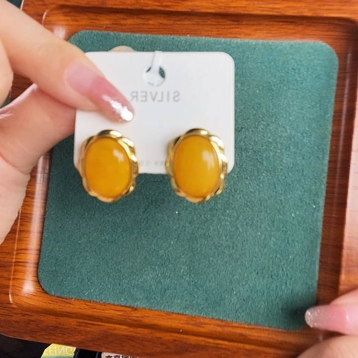 蜜蜡银S925镶嵌耳饰耳钉