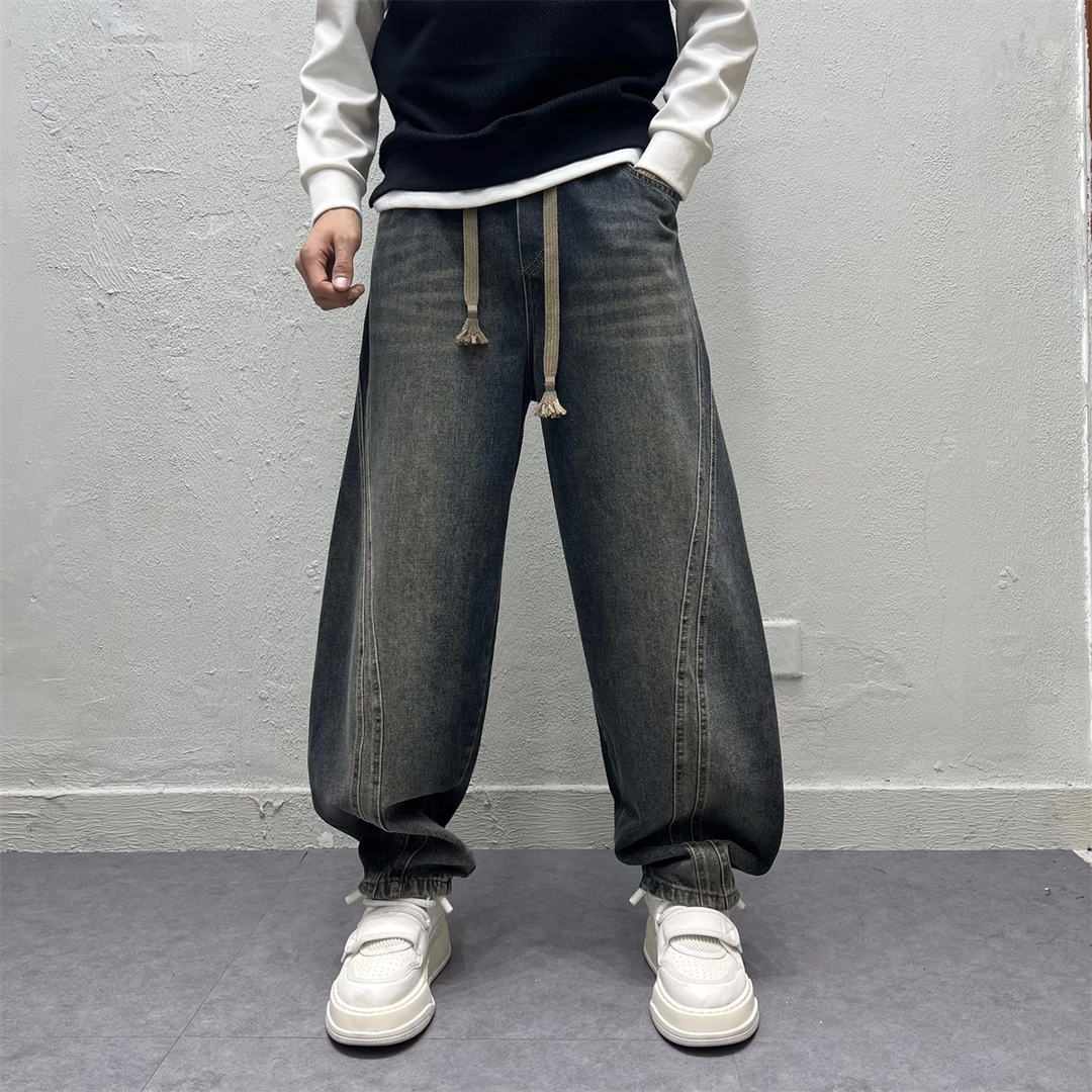 潮牌日系复古做旧春季新款牛仔裤男士春季宽松大码阔腿休闲老爹裤