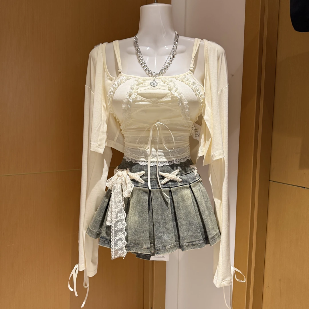 杏仁少女纯欲上衣牛仔百褶裙夏季款