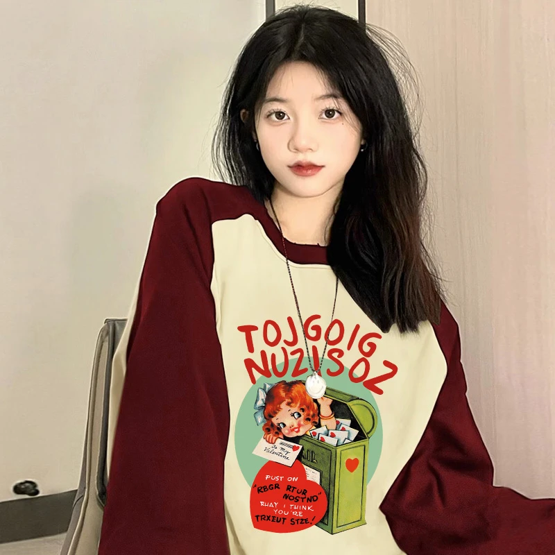 美式撞色纯棉插肩长袖女t恤新款2025爆款宽松百搭设计感圆领上衣