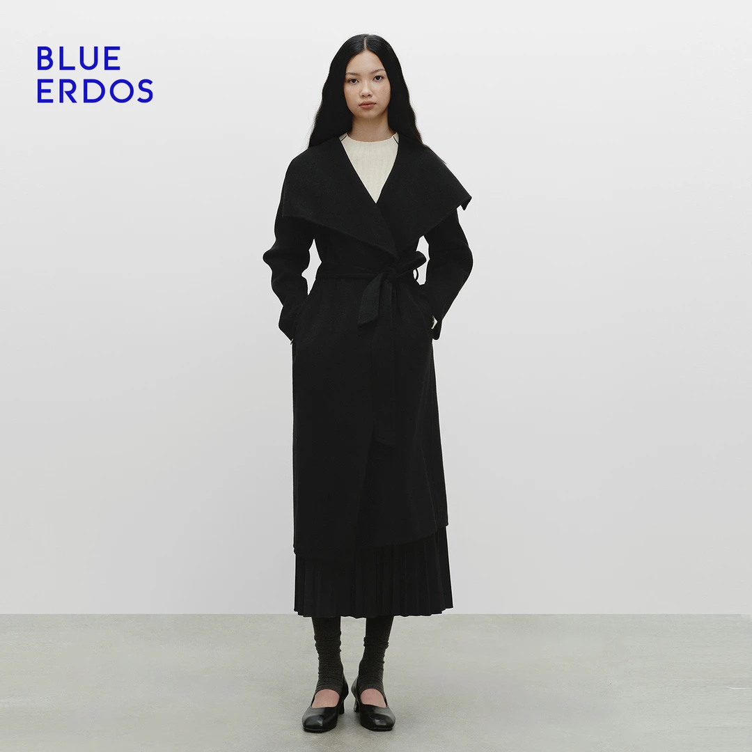 BLUE ERDOS2025秋冬质感羊毛羊绒翻领黑色女大衣B256K4701