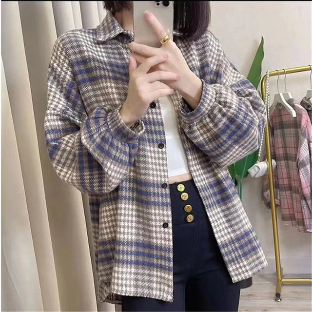 磨毛格子早秋新款遮肚子上衣2025秋季灯笼袖衬衫百搭显瘦宽松外套