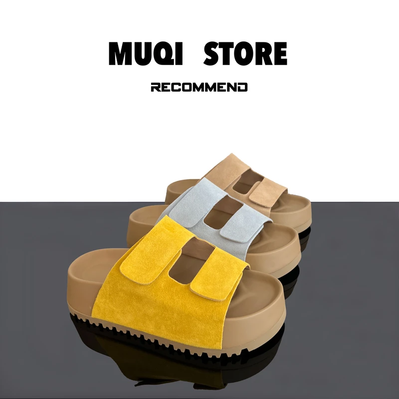 MUQI2025夏新款真皮厚底一字带勃肯凉拖鞋女外穿休闲度假沙滩凉鞋