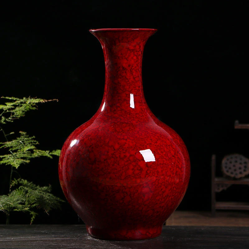 景德镇新中式窑变水滴釉红赏瓶客厅仿古陶瓷花瓶瓷器工艺桌面摆台