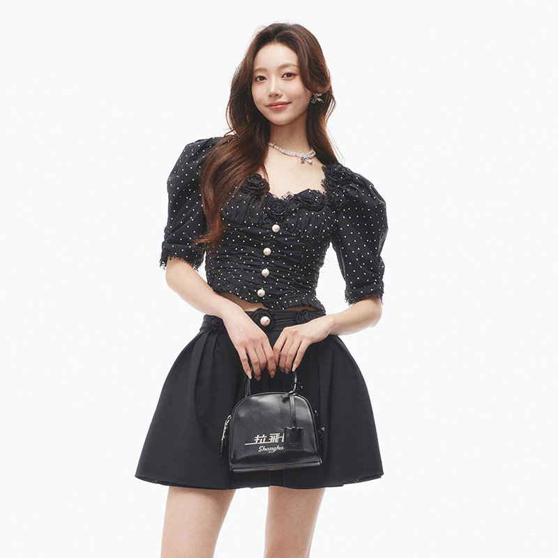 2025夏季新款高级感优雅修身泡泡袖短款上衣短袖FF25X00SB166