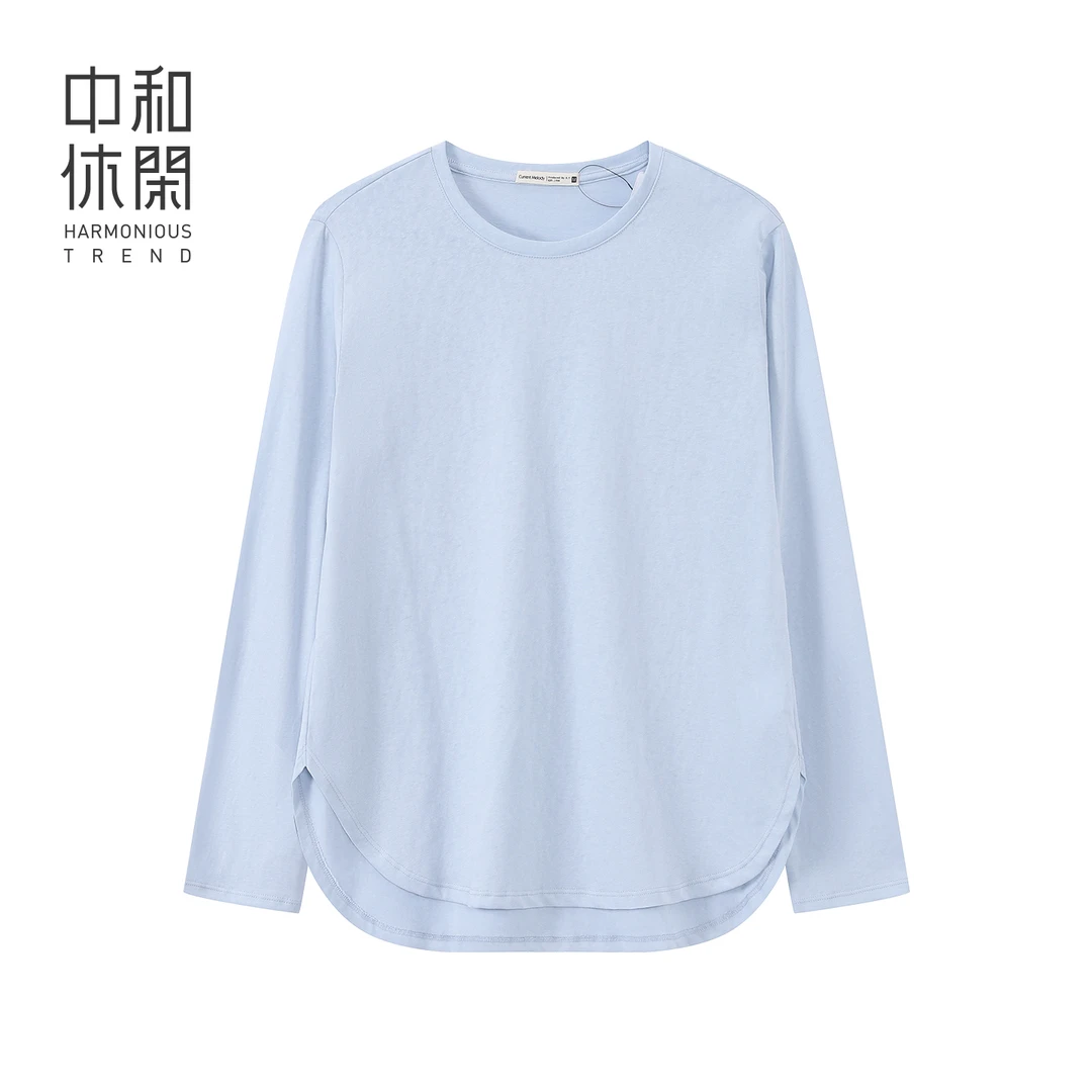 中和休闲蓝色简约圆领长袖T恤女2025秋季新款微宽松百搭休闲上衣