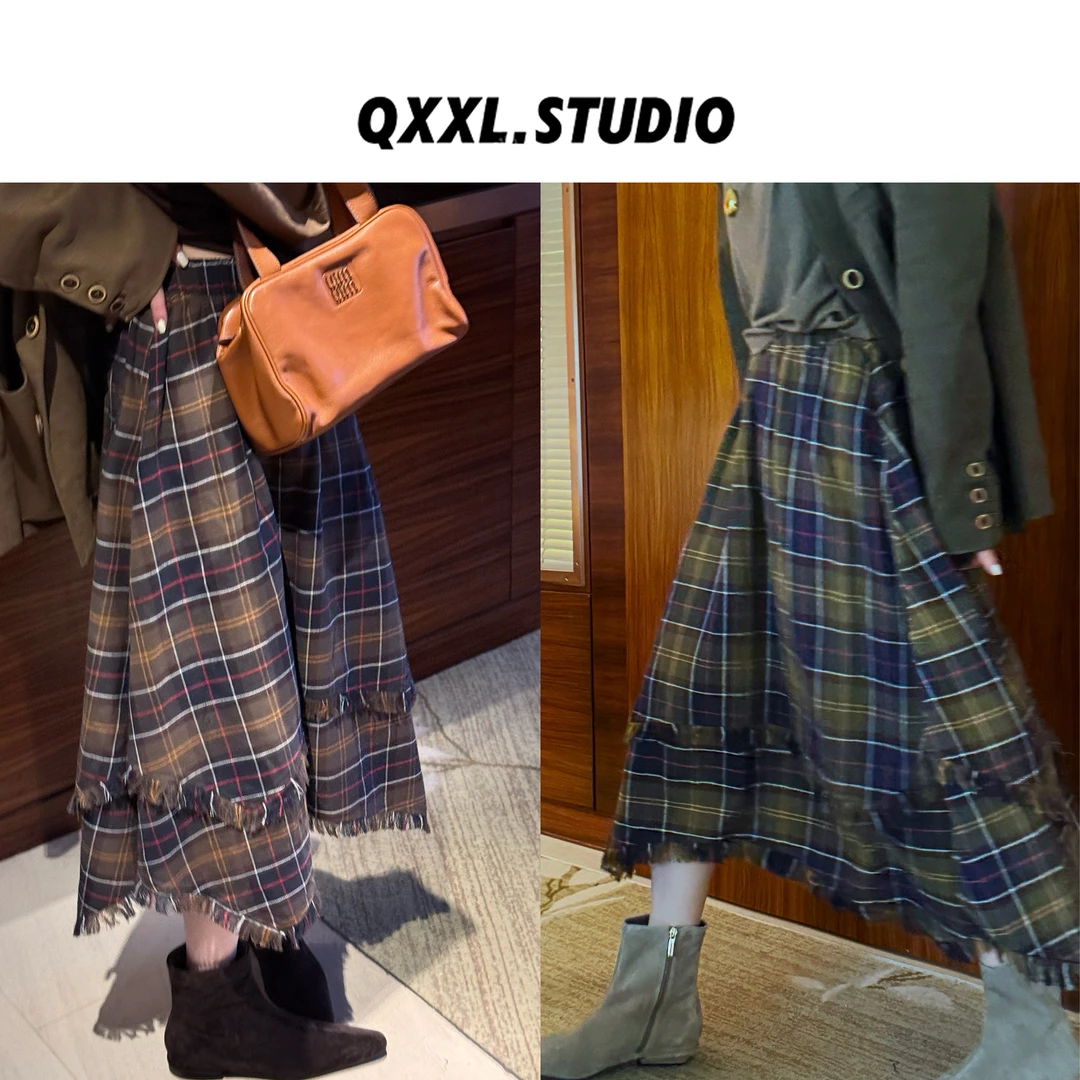 邱小小丽呀 秋季新款格纹不规则半裙女复古设计感毛边高腰A字裙