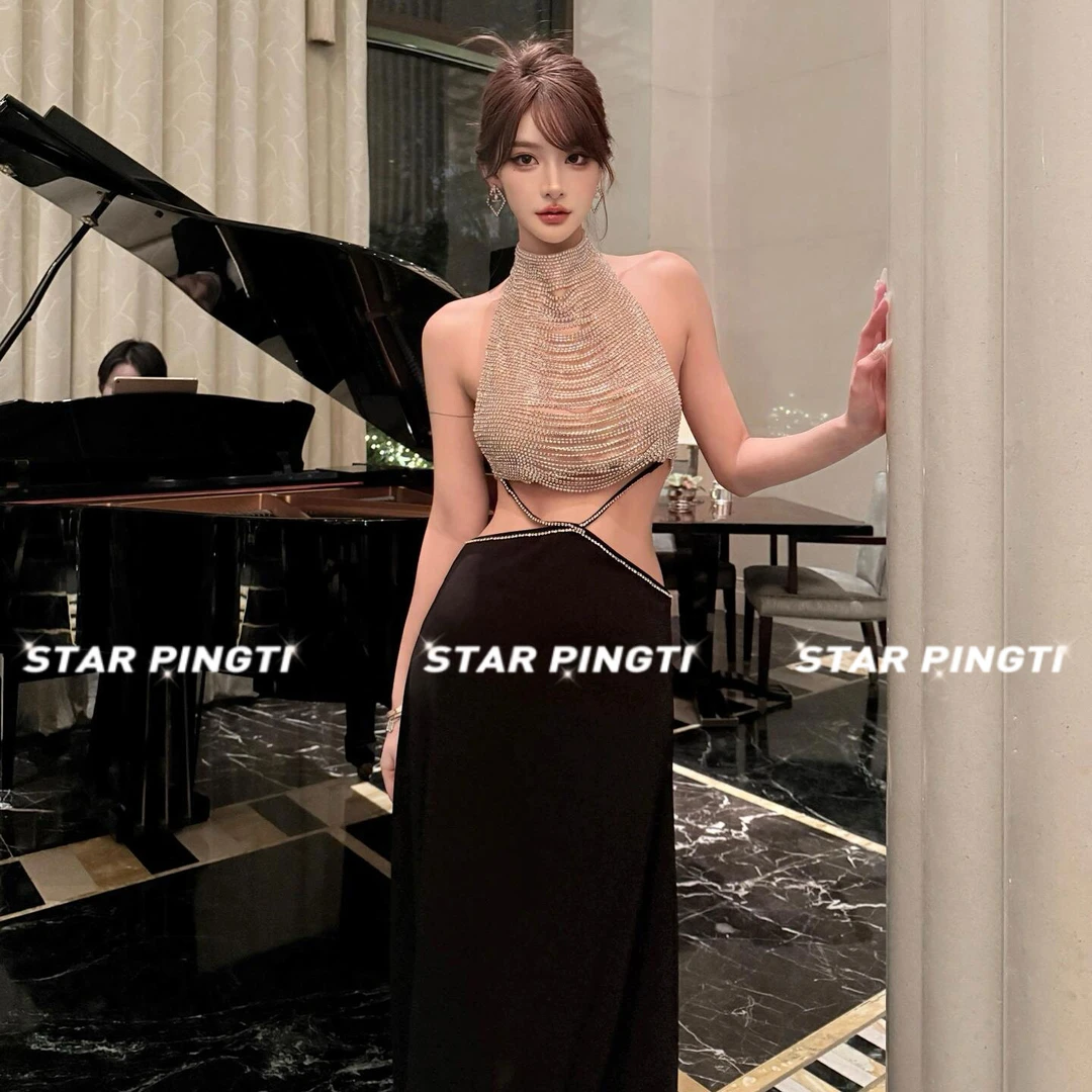 挂脖连衣裙名媛气质重工包臀鱼尾性感镂空露腰洋气衣服女礼服生日