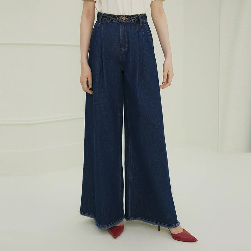 FS时尚宽松原牛色腰部提花毛边牛仔裤女25春新款J697A