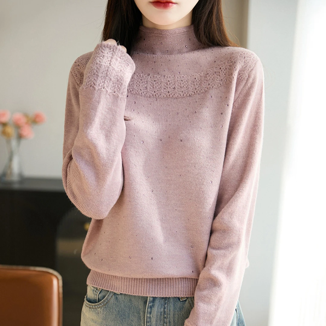 微胖mm秋冬大码半高领女士毛衣蕾丝花边上衣遮肚子内搭针织打底衫