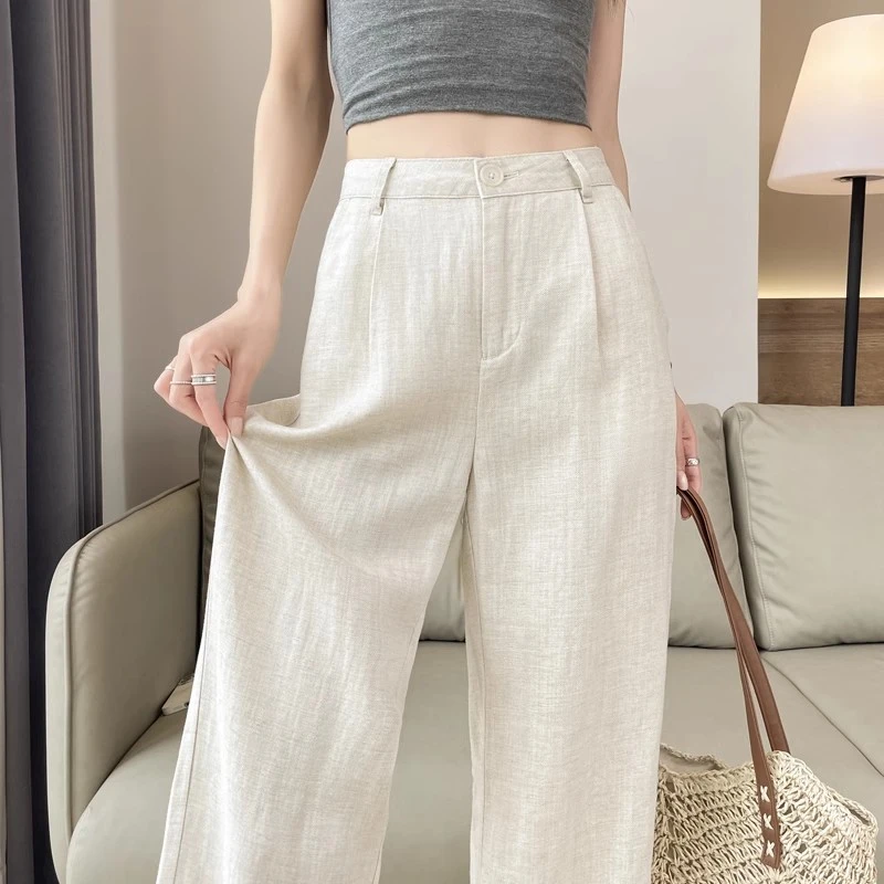 进口高质感天丝亚麻阔腿裤女2025夏薄款透气宽松垂感直筒休闲裤