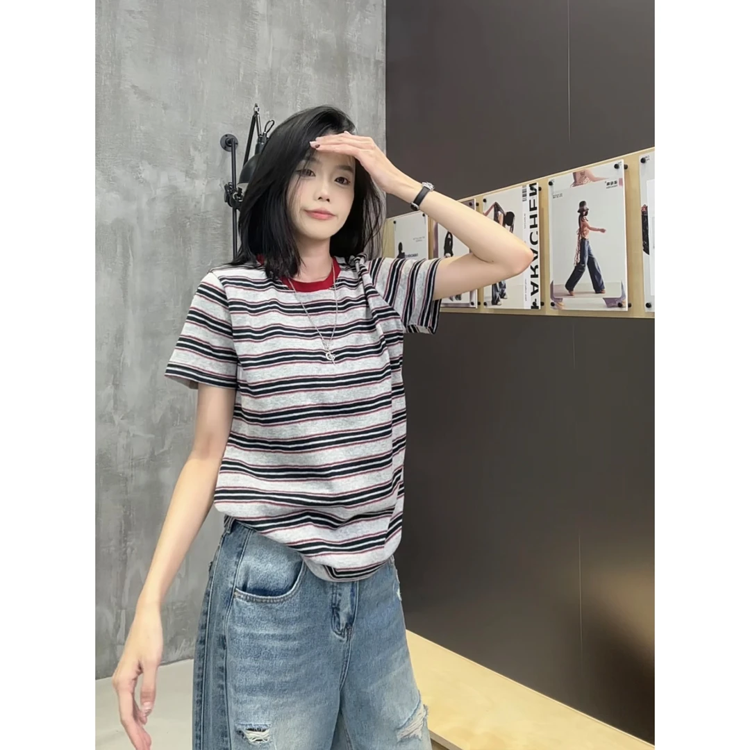 DIDI【条纹】夏季新款韩版洋气百搭撞色条纹圆领短袖休闲T恤上衣