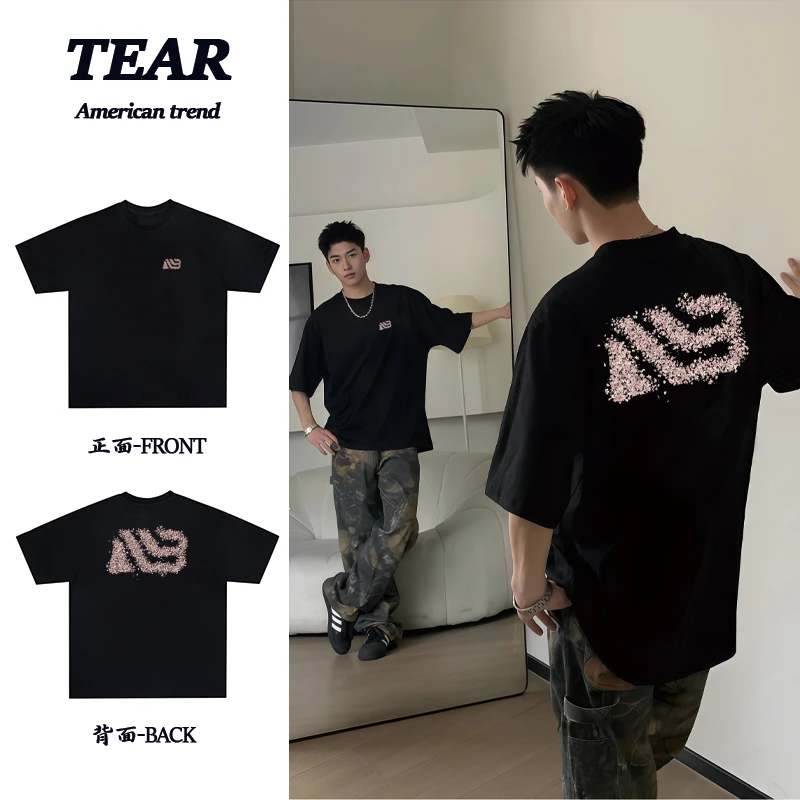 美式重磅纯棉樱花几何印花宽松休闲圆领百搭潮流短袖T恤男女同款