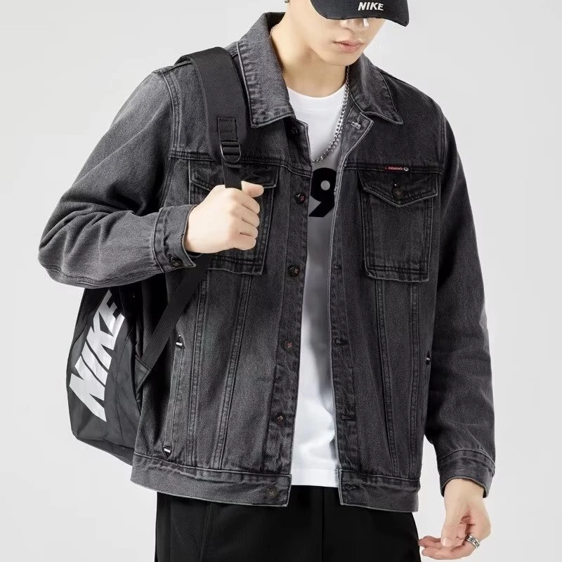 烟灰色牛仔外套男大码水洗复古男士工装夹克秋冬新款翻领上衣潮牌