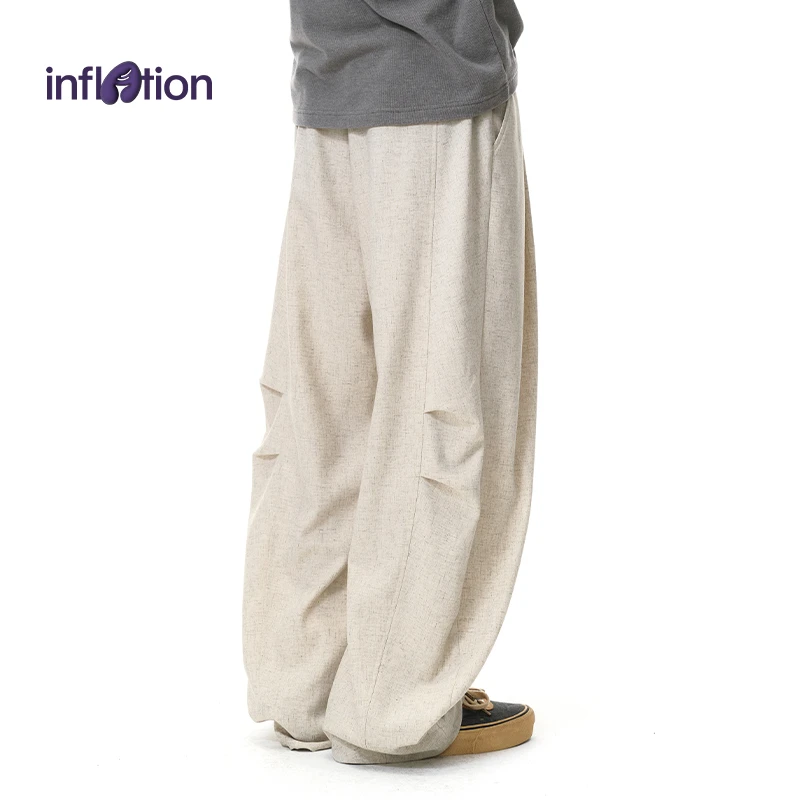 膨胀潮牌亚麻阔腿裤25秋季新品潮牌美式宽松纯色男士老钱休闲裤
