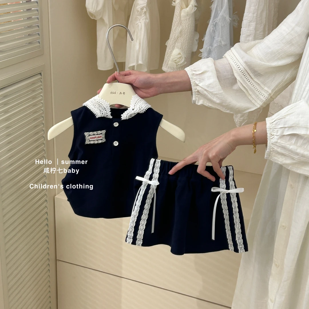 女童夏季洋气儿童蝴蝶结短裙宝宝无袖上衣排扣2025新款可爱款套装