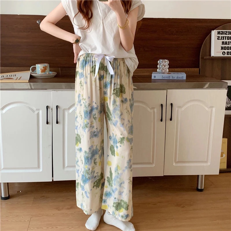 绵绸睡裤女士长裤裤子薄款宽松防蚊裤卡通印花可外穿居家阔脚裤