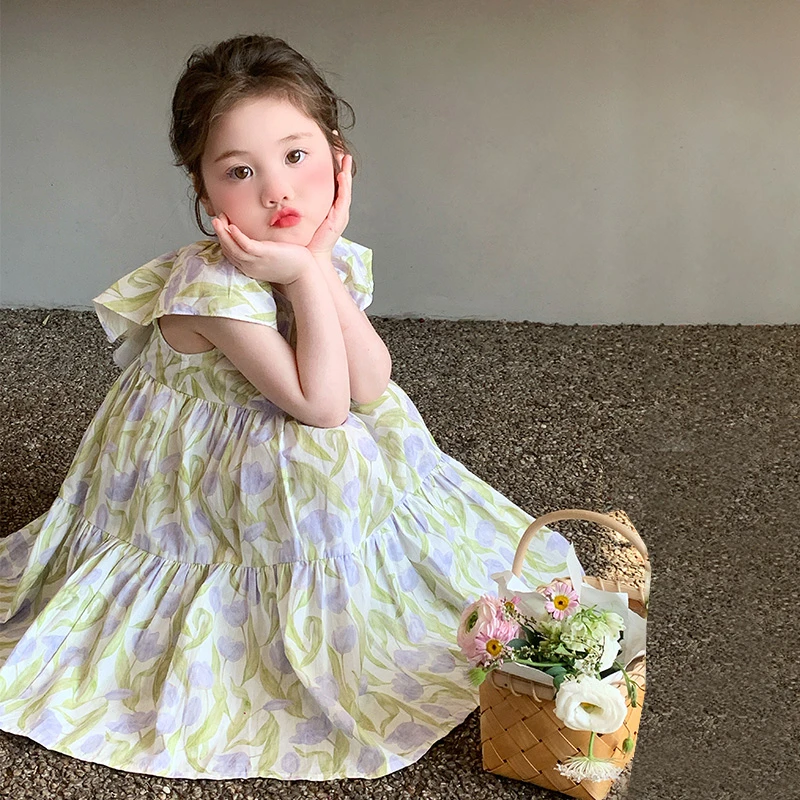 女童连衣裙夏季2025新款儿童小飞袖裙子洋气小女孩夏装时髦公主裙