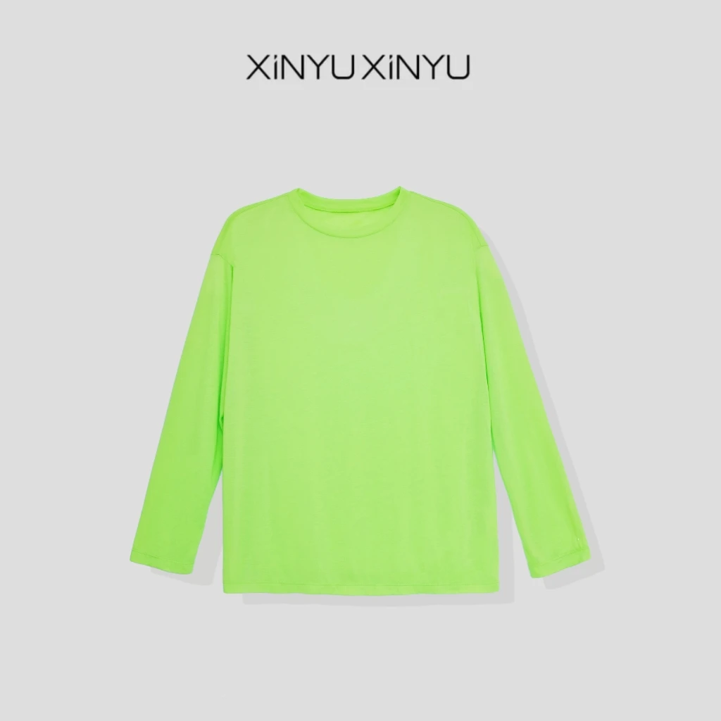 XINYU/芯与定染果绿色提亮亲肤舒适长袖T恤 203315 显白 宽松