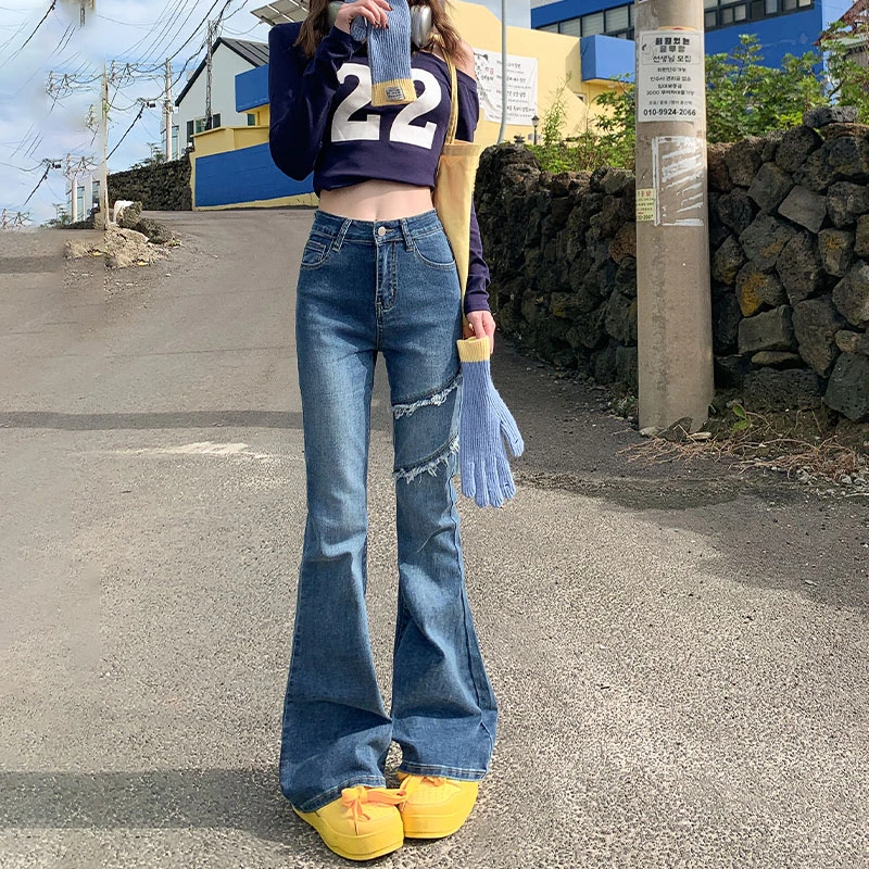 复古蓝高腰微喇牛仔裤女春秋新款毛边设计感美式显瘦修身喇叭裤子