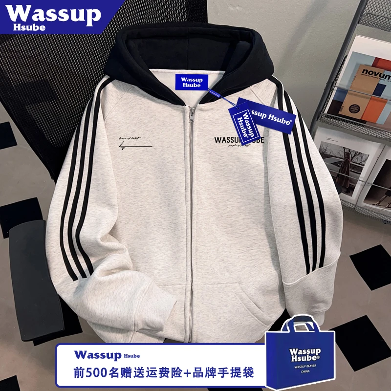 WASSUP HSUBE英文印花卫衣男女拉链三条杠外套秋冬季保暖连帽开衫